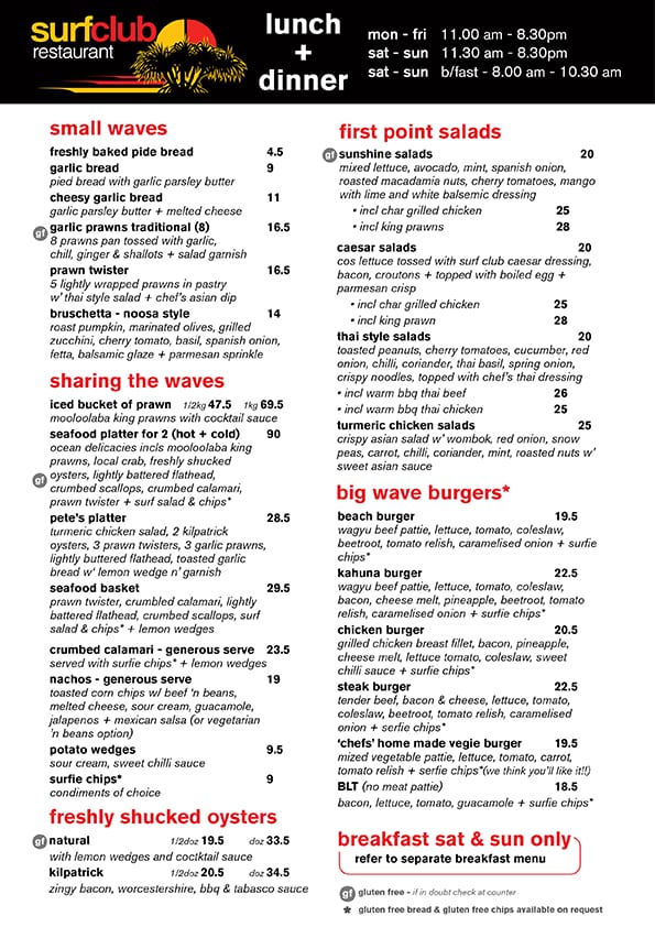 Lunch & Dinner Menu Noosa Heads Surf Lifesaving Club