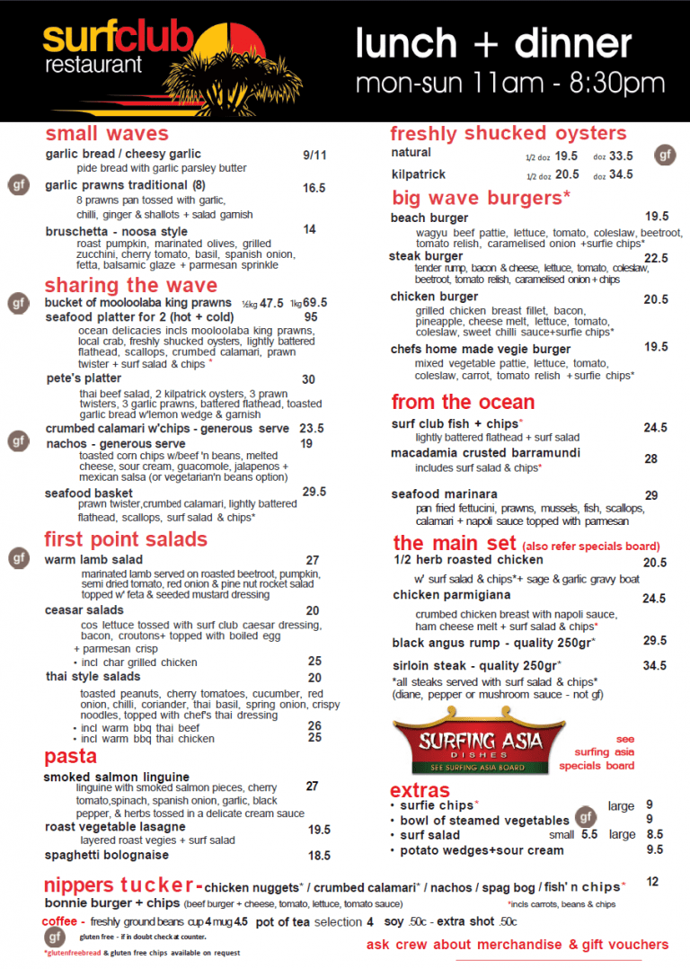 Lunch & Dinner Menu Noosa Heads Surf Lifesaving Club